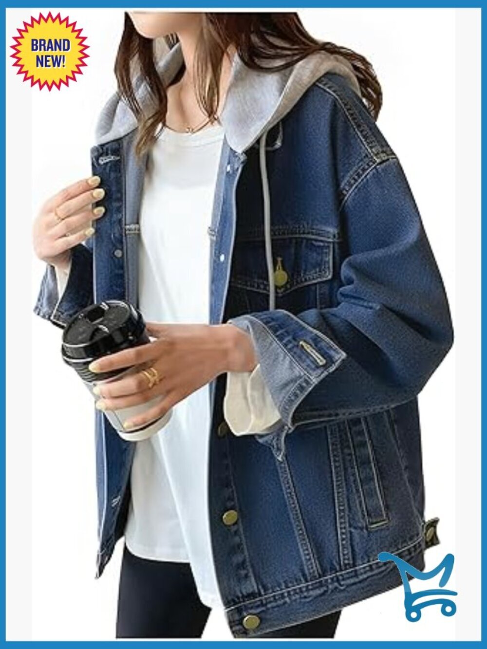 Vintage Oversized Denim Jacket with Hood Distressed Long Sleeve
